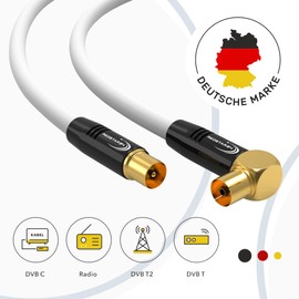 RedStar24 Antenna Cable 2 m White - Male to 90° Angled Female Coaxial - Premium HDTV Coaxial Cable for Cable TV | TV Cable: Compatible with TV, Radio, DVB-T/T2, DVB-C, DAB