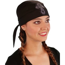 Embellished Black Skull Cap with Glitter Cross Rhinestud and Rhinestone - American Made Classic Skull Caps - Doo Rags Do Rag Headwrap Head Wraps
