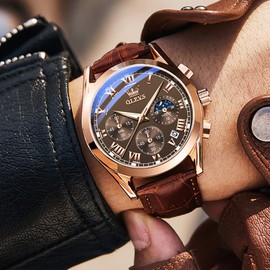 OLEVS Brown Leather Watches for Men Water Resistant Chronograph Date Big Face Mens Watches Classic Quartz Watch Analog Dress Business Rose Gold Wristwatch for Men, Reloj de Hombre