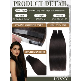 Loxxy Long Invisible Tape in Hair Extensions Human Hair - Darkest Brown Tape Weft Hair Extensions 16 Inch - Silky Straight, One Piece Wide Weft 31.5" (80cm), DIY Easy Application for Natrual Look 50g