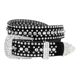 Women Rhinestone Belt Fashion Western Cowgirl Bling Studded Design Suede Leather Belt 1-1/4"(32mm) wide (Crystal, 38'' XL)