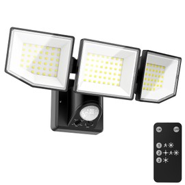 MAGAGUVU 38W 7500LM LED Security Lights Outdoor with Remote Control, 6500K Motion Sensor Flood Light, 3 Modes, IP65 Waterproof, Dusk to Dawn 3-Head Floodlight Fixture for Garage, Yard, Porch (Black)