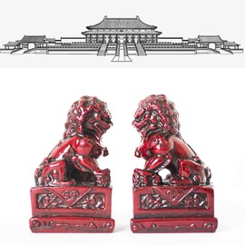 Feng Shui Chinese Beijing Foo Dogs Statues Pair Guardian Lions Statues Wealth Protection Figurine Decorations Home Gifts (S, Dark red)