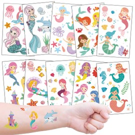 Kids Temporary Tattoos 10 Sheets, Mermaid Fake Tattoos Stickers for Girls as Party Bag Fillers, Stocking Fillers, Small Gifts