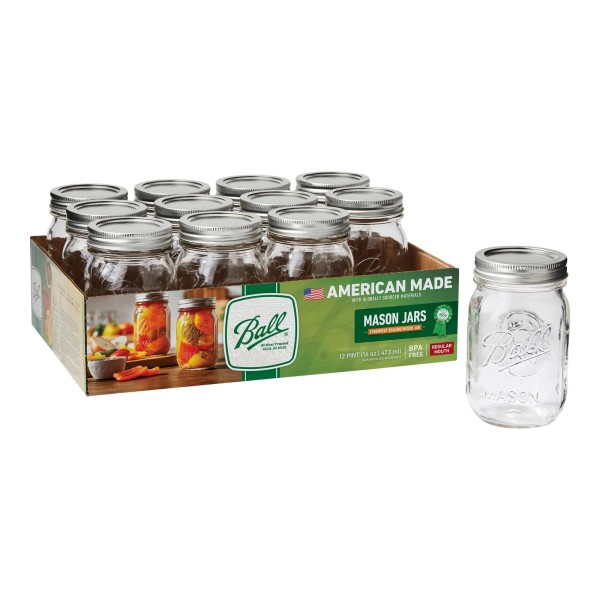 Ball 16 oz Mason Jars Regular Mouth 12pk, Pint Canning