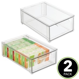 mDesign Plastic Stackable Kitchen Storage Organizer Bin with Pull Out Drawer for Cabinet, Pantry, Fridge, Shelf, Refrigerator Organization - Lumiere Collection - 2 Pack - Clear