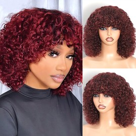 REMESSE Short Curly Bob Wig Human Hair With Bangs Short Curly Human Hair Wig For Black Women Glueless 250% Density Short Water Wave Human Hair Wig With Bangs 99J 14Inch