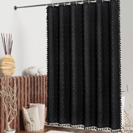 MitoVilla 72 x 78 Black Farmhouse Shower Curtain Set, Boho 78 inch Long Polyester Linen Tassel Fabric Shower Curtain Set for Chic Cottagecore French Rustic Bathroom Decor