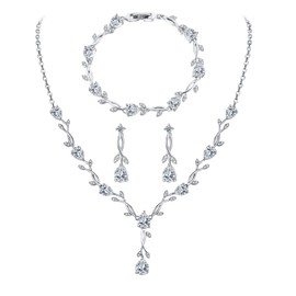 EPVOA Bridal Jewellery Set for Wedding, AAA+ Cubic Zirconia Necklace Bracelet Drop Dangle Earrings Set, Costume Jewelry Prom Party Engagement Wedding Jewellery for Bridal Bridesmaid (a-silver)