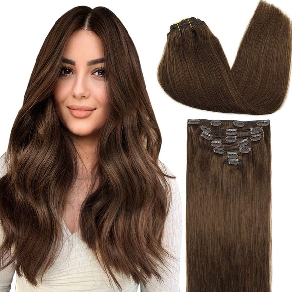 GOO GOO Clip-in Hair Extensions for Women, Soft & Natural, Handmade Real Human Hair Extensions, Chocolate Brown, Long, Straight #4, 7pcs 120g 20 inches
