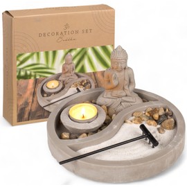 MIJOMA Buddha Figurine on Cement Plate with Tea Light Holder, Rake, Decorative Stones & Sand - Zen Garden Set - Spiritual Decoration for Inner Peace & Harmony (Round Diameter 19 cm)
