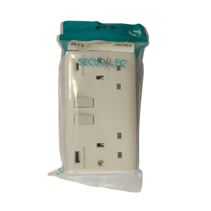 Securlec double USB wall socket in white - switched double