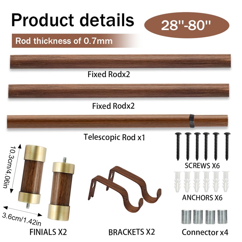 Wood Curtain Rods for Windows,1 Inch Boho Adjustable Window Curtain