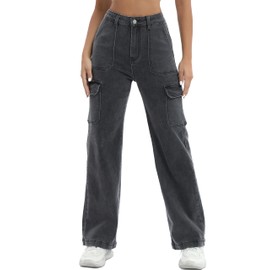 ETTELO Women Cargo Jeans High Waist Y2K Straight Leg Trendy Stretchy Lightweight Jeans for Women Grey