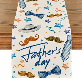 Artoid Mode Mustach Bowknot Tie Stars Father's Day Table Runner,Happy Papa's Day Kitchen Dining Table Decoration for Home Party Decor 13x72 Inch