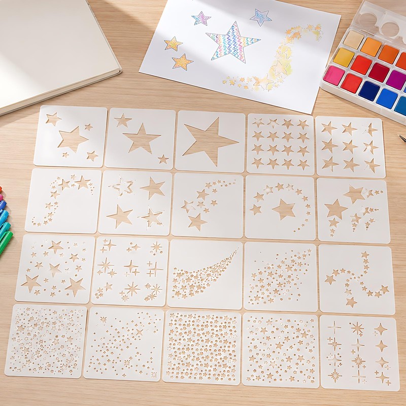 20 Pcs Star Stencils for Painting, Reusable DIY Star Drawing