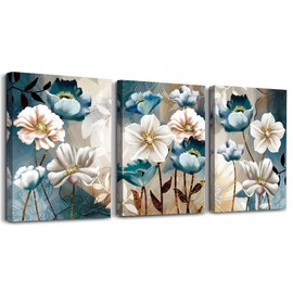 SERIMINO Large Canvas Wall Art for Living Room White and Indigo Blue Floral Pictures Wall Decor for Dining Room Bedroom Bathroom Kitchen 3 Pieces Lotus Flower Print Painting for Home Decorations