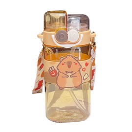 Capybara Water Bottle with Straw, Drinking Bottle Kids Water Bottle Large Capacity Plastic Bottles with Straw and Adjustable Strap Double Drinking Leakproof Sports Bottles for Travel School (520ML)