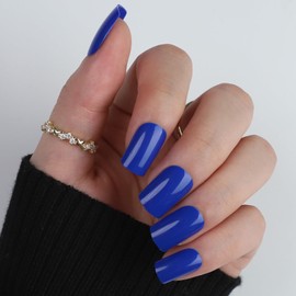 Press On Nails Solid Dark Color Fake Nails, Short Square Medium Shape, Stick on Nails，Glue on Nails Short Coffin False Nails on 24PCS (Hot Blue)