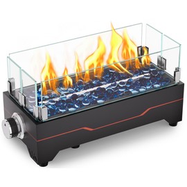 GRISUN Tabletop Fire Pit,15 Inch Propane Fire Pit Table,30000 BTU Table Top Firepit with Glass Wind Guard,Stainless Steel Burner,Fire Glass,Portable Propane fire Pit for Patio, Camping, Backyard & RV