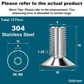 Drenky Pack of 10 M8 x 16 mm Countersunk Screws Stainless Steel V2A VA A2 Screw with Lowered Head DIN 7991 / ISO 10642 Countersunk Screw Rustproof Silver Hexagon Socket Screws Metric Standard Thread