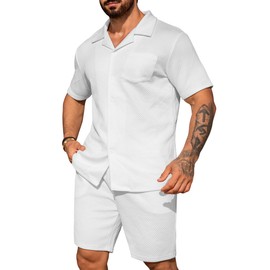 URRU Men Two Piece Outfits Sets Big and Tall Short Sets for Men Summer Beach All White Matching Set Men with Pocket White M