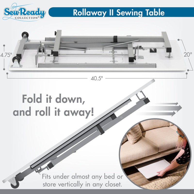 Rollaway II Compact Portable Folding Sewing Table, Silver/White