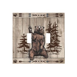 Xuejiaku Retro Forest Bear Rustic Cabin Wood Plank Double Toggle Fun Light Switch Covers Decorative Farmhouse 2 Gang Wall Plate Dual Electrical Faceplate Switchplate for Bedroom Living Room Decor