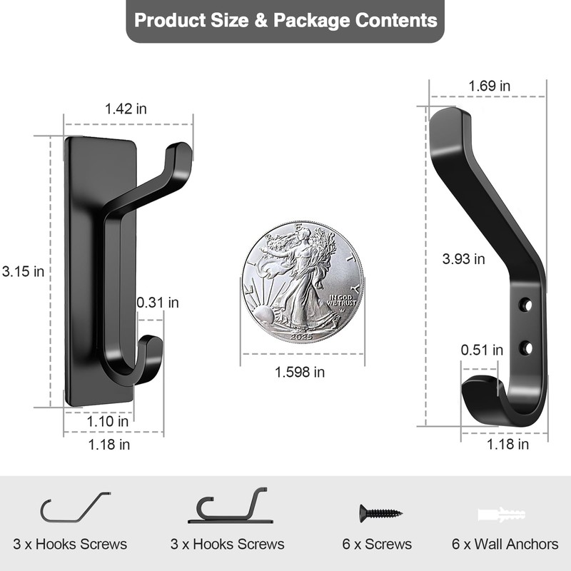 DaskFire Metal Towel Hooks 6 Packs, 3 Adhensive Coat Hangers