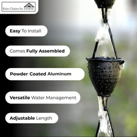 Rain Chains by JASINC 8.5 ft Tinkle Trickle Cups Black Powder Coated, to Replace Roof Gutter Downspout, with Installation Kit, Rainwater Catcher/Water Diverter, JAS3007BLK