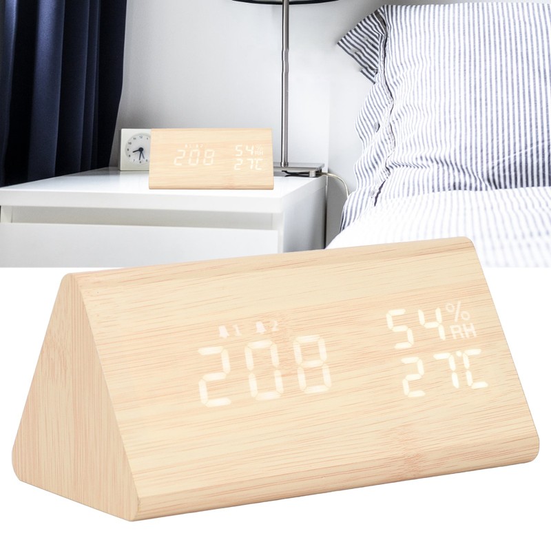 LED Digital Alarm Clock Multipurpose Wooden Clock with Voice Control