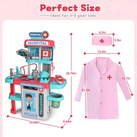 Doctor Kit for Kids 3-5, Toddler Play Set with Rolling Cart, Costume, and Stethoscope, Role Play Kids Doctors Set Educational Birthday Gift for Girls(Pink)