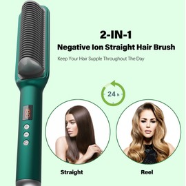 AimiaoROOG Ion Straightening Brush/Straightening Comb, 2 in 1 Curling Iron/Straightener, 10 Seconds Quick Heating, 17 Degree Temperature Setting and Led Screen, Professional Hair Styling Tool