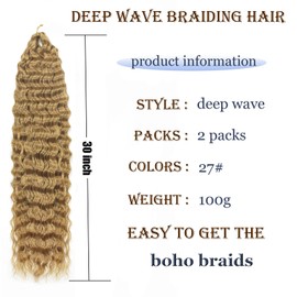 Ocean Wave Crochet Hair 30 Inch 2 Packs Deep Wave Curly Braiding Hair Extensions Synthetic Curly Crochet Hair For Black Women(30inch, 2pack, 27)