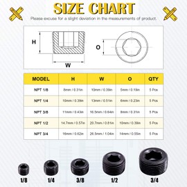 Mardatt 25Pcs NPT Plug Set Pipe Plug Assortment Kit 1/8" 1/4" 3/8" 1/2" 3/4" Carbon Steel Male Thread Internal Allen Head Pipe Plug Set