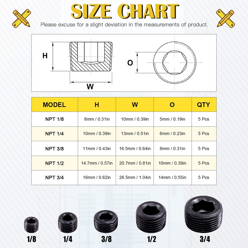 Mardatt 25Pcs NPT Plug Set Pipe Plug Assortment Kit 1/8"