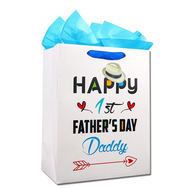 WaaHome First Fathers Day Gift Bag with Handle 13''x10.5''x5.8'' Large Happy 1st Fathers Day Gift Bags with Tissue Paper, Father Day Gift Bags for First Time Dad, New Dad, Daddy, Father to Be from Baby