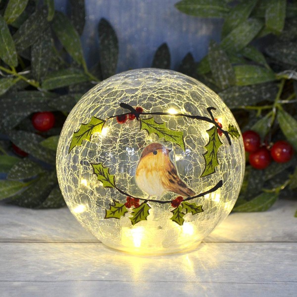 6" Christmas Crackle Glass Ball Light Up Globe Decoration LED Ornament - Robin