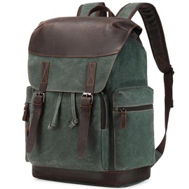 Nerlion Leather Backpack for Men Waxed Canvas Laptop Backpack 17.3 Inch Rucksack Vintage Travel Backpack (Green)