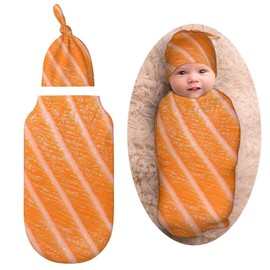 3D Funny Realistic Food Salmon Sushi Newborn Baby Swaddle Blanket with Beanie Hat Baby Receiving Blanket Soft Baby Sleep Sack Baby Wraps Blankets Gifts for Boys Girls Infant