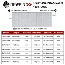 DEWBIN 18 Gauge Brad Nails, 1000 Counts 1-3/4-inch 18 GA Brad Nails, Galvanized Nails for Nail Gun, Finishing Nail Gun Nails for Pneumatic, Electric Brad Nailer Gun
