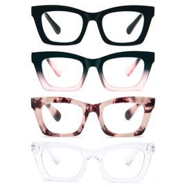 prtcslwd 4 Pack Reading Glasses for Women Oprah Style Oversized Square Spring Hinge Blue Light Blocking Glasses (Black/Pink Tortoise/Transparent/Blackpink, 1.50, multiplier_x)