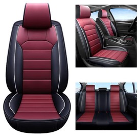 Waterproof Car 5 Seat Covers, Front Rear Full Set PU Leather Protector,Automotive Vehicle Cushion Cover Universal Fits For Toyota Highlander/Tacoma/Camry/Corolla/RAV4 -  Blue:_Red