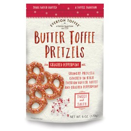 Everton Toffee Peppermint Crunch Butter Toffee Pretzels (6 oz. bag, 3-pack). Gourmet artisan toffee covered pretzels with peppermint bits, small batch crafted sweet and salty mini pretzel snacks.