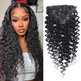 Clip in Hair Extensions Human Hair 35 cm Human Hair Extensions for Women Double Weft Seamless Brazilian Deep Wave 8 Pieces 100g 20 Clips Natural Black