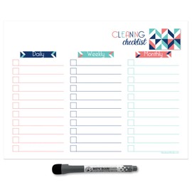 Dry Erase Cleaning Checklist Sticker Decal Planner by Glassboard Studio | Removable & Reusable | Magnetic Fine-Tip Dry Erase Marker Included (9 x 12 inches, Geometric)