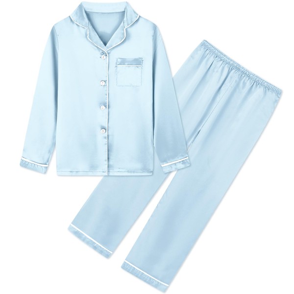 Umeyda - Conjunto de pijama de satén para niñas y mujeres, manga larga, con botones, ropa de dormir para niños, Y-Azul claro, XXL