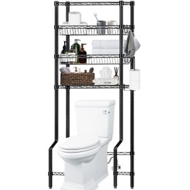 Folews Bathroom Organizer Over The Toilet Storage, 4-Tier Bathroom Shelves Over Toilet Shelf Above Toilet Storage Rack Freestanding Bathroom Space Saver Adjustable Shelves and Baskets, Black