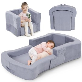 whiffee Toddler Travel Bed, 2-in-1 Foldable Portable Toddler Bed Sofa Chair, Soft Baby Kids Travel Floor Cot with Washable Covers Safety Foam Raised Bumper for Camping Hotel Sleeping (Grey)