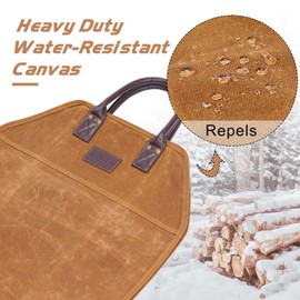 GOOD GAIN Firewood Carrier Waxed Canvas with Faux Leather Handle, Wood Carrier for Firewood, 36x18.5in Heavy Duty Firewood Storage Tote, Fireplace Log Carrier Indoor Bag, Wood Stove Accessories. Khaki